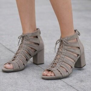 Earthies Saletto Pale Grey Leather Lace Up Caged Block Heel Sandals 8.5B